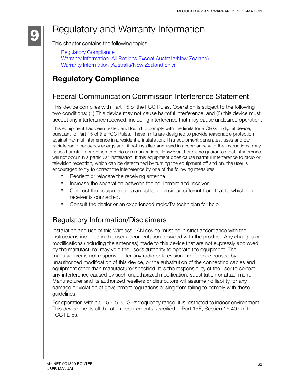 Regulatory and warranty information, Regulatory compliance, Regulatory information/disclaimers | Western Digital My Net AC1300 Router User Manual User Manual | Page 66 / 77