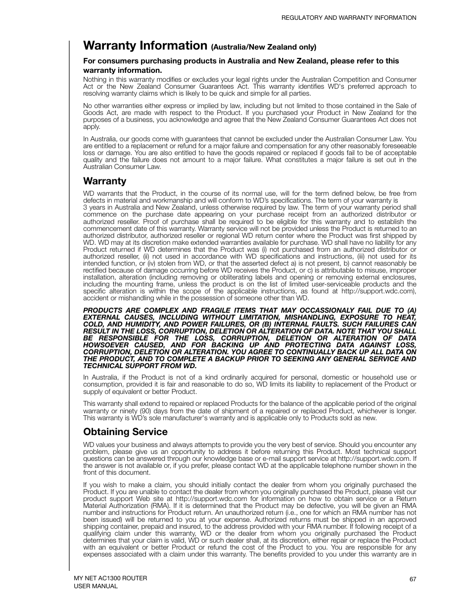 Warranty information (australia/new zealand only), Warranty, Obtaining service | Warranty information | Western Digital My Net AC1300 Router User Manual User Manual | Page 71 / 77