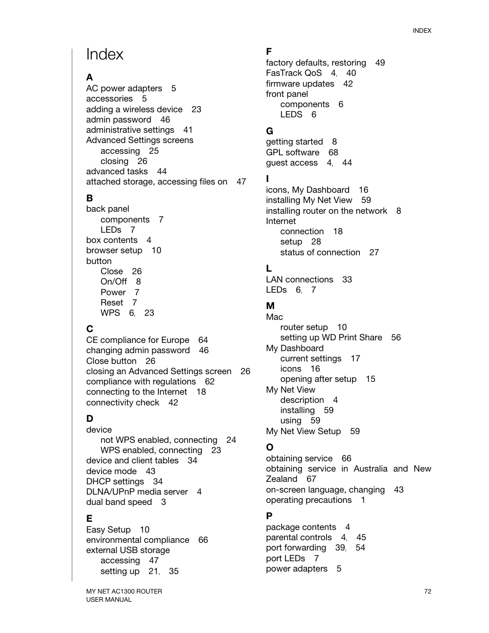 Index | Western Digital My Net AC1300 Router User Manual User Manual | Page 74 / 77