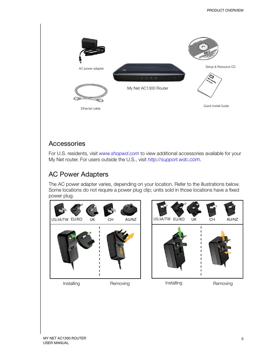 Accessories, Ac power adapters | Western Digital My Net AC1300 Router User Manual User Manual | Page 9 / 77