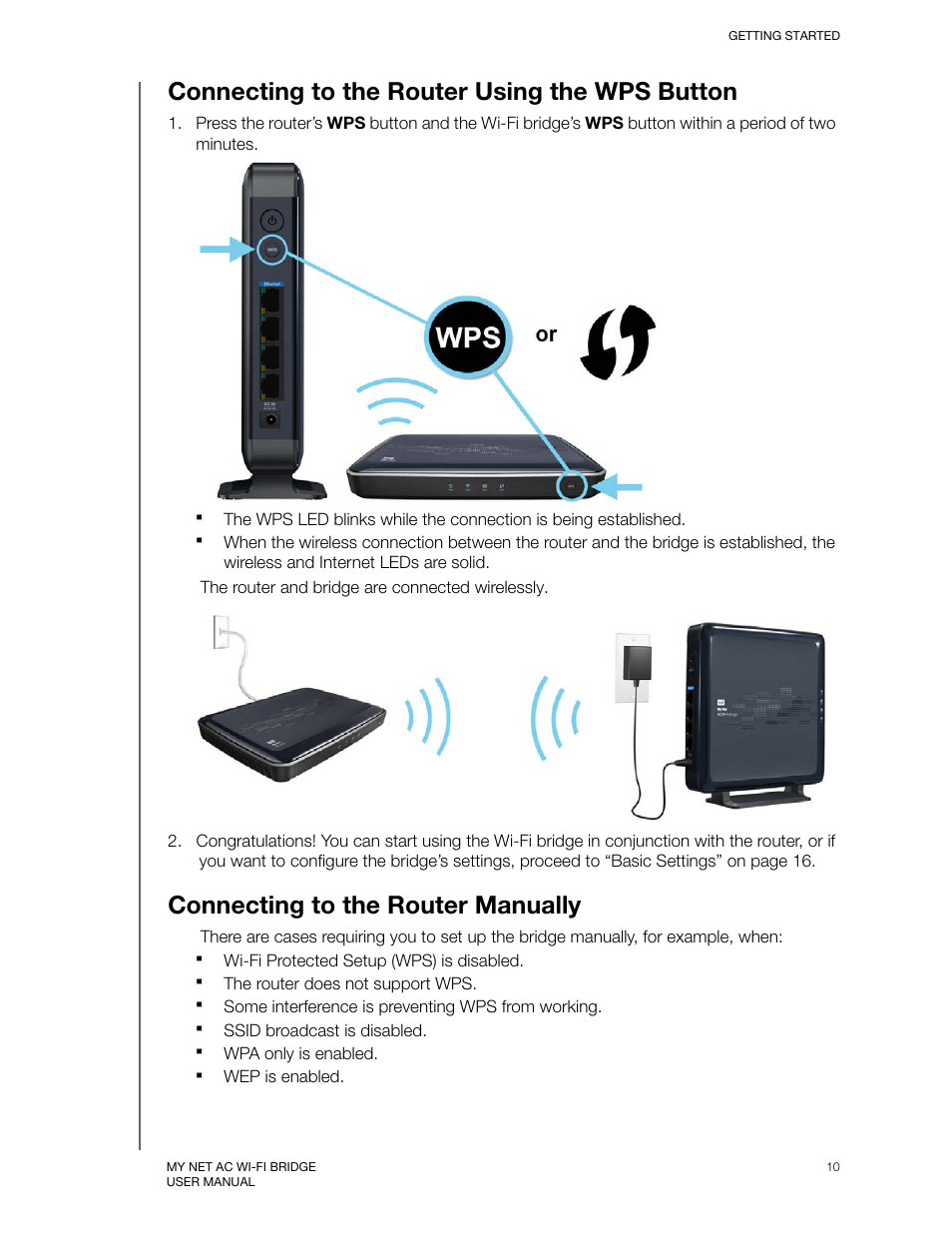 Connecting to the router using the wps button, Connecting to the router manually | Western Digital My Net AC Bridge User Manual User Manual | Page 13 / 42