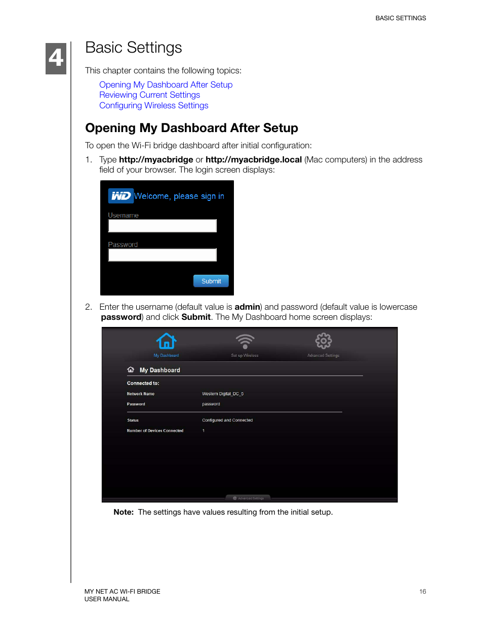 Basic settings, Opening my dashboard after setup | Western Digital My Net AC Bridge User Manual User Manual | Page 19 / 42