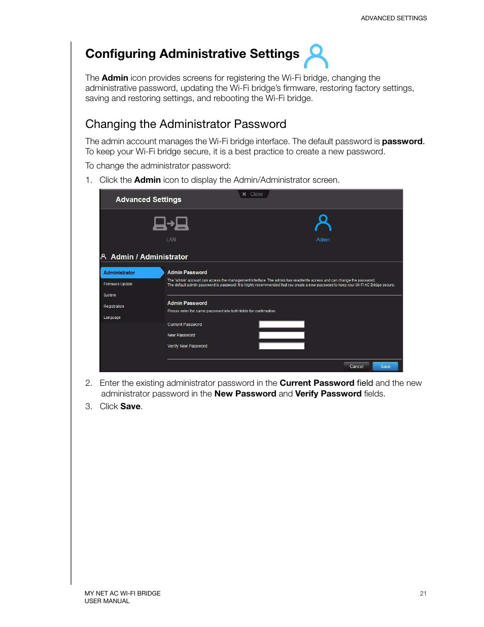 Configuring administrative settings, Changing the administrator password | Western Digital My Net AC Bridge User Manual User Manual | Page 24 / 42