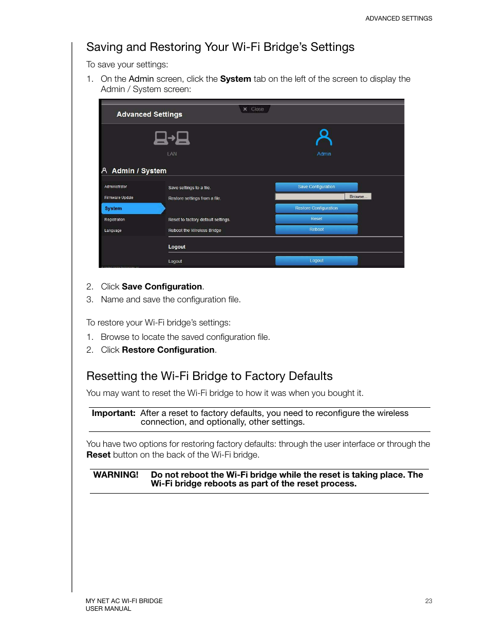 Saving and restoring your wi-fi bridge’s settings, Resetting the wi-fi bridge to factory defaults | Western Digital My Net AC Bridge User Manual User Manual | Page 26 / 42