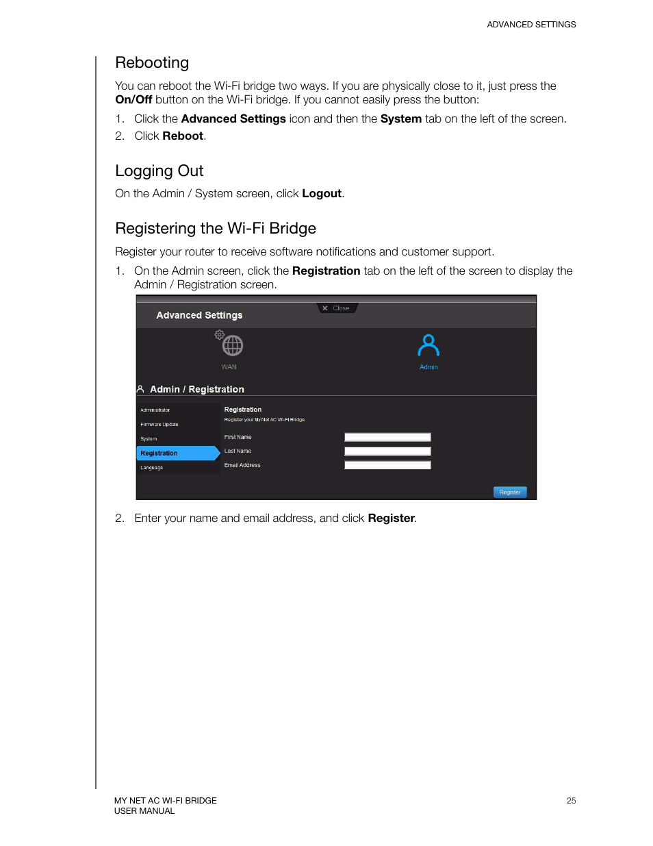 Rebooting, Logging out, Registering the wi-fi bridge | Western Digital My Net AC Bridge User Manual User Manual | Page 28 / 42