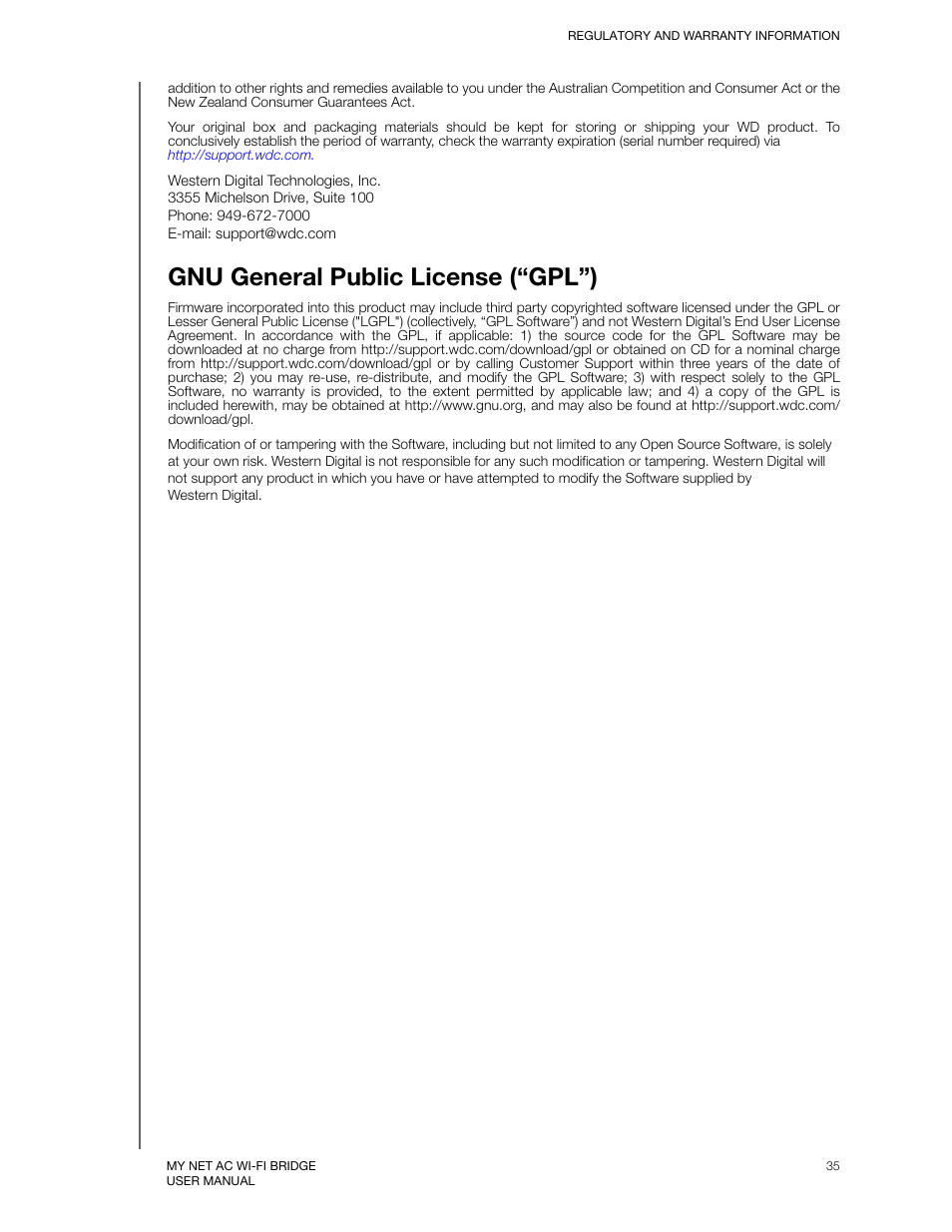 Gnu general public license (“gpl”) | Western Digital My Net AC Bridge User Manual User Manual | Page 38 / 42