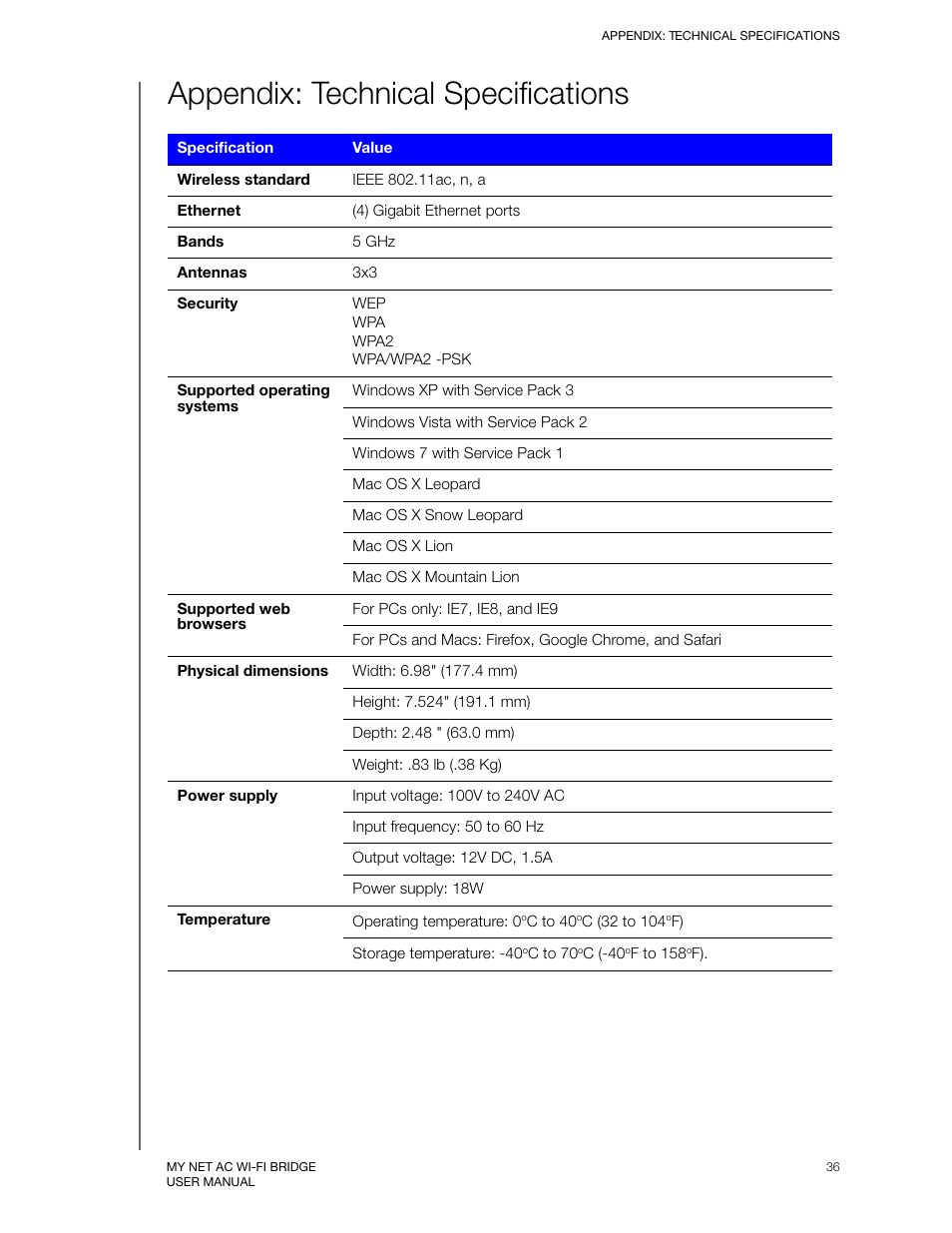 Appendix: technical specifications | Western Digital My Net AC Bridge User Manual User Manual | Page 39 / 42