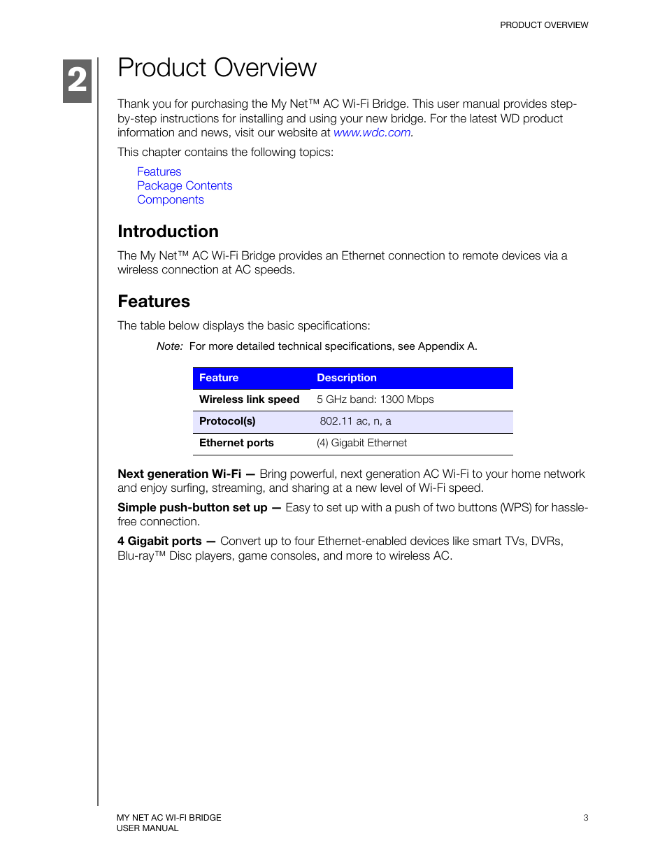 Product overview, Introduction, Features | Western Digital My Net AC Bridge User Manual User Manual | Page 6 / 42