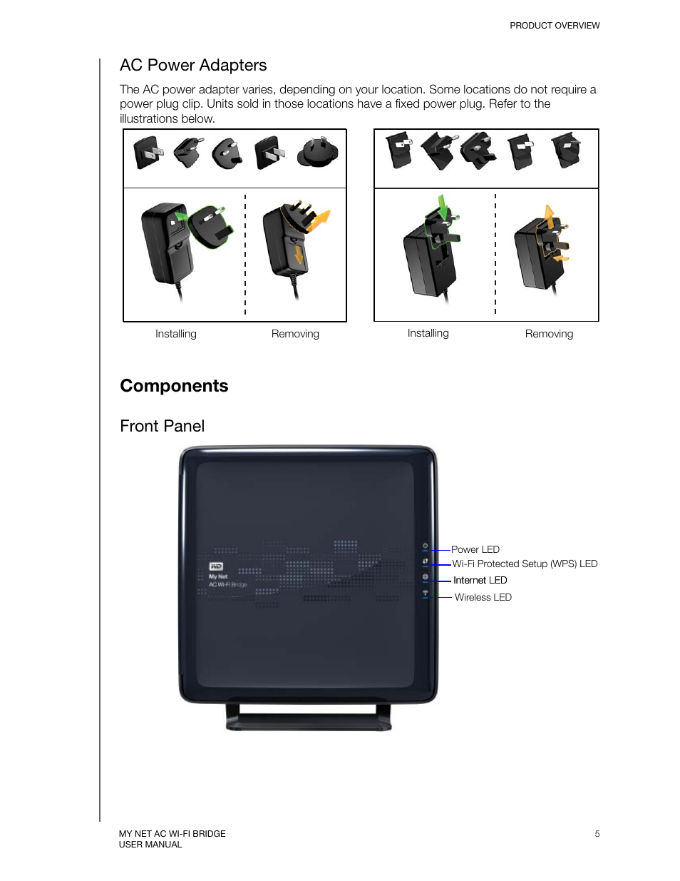 Ac power adapters, Components, Front panel | Western Digital My Net AC Bridge User Manual User Manual | Page 8 / 42