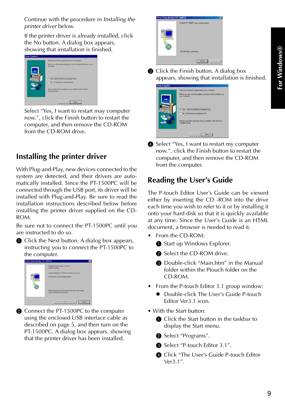 Installing the printer driver, Reading the user ’s guide, Reading the user’s guide | Brother P-TOUCH PT-1500PC User Manual | Page 11 / 55