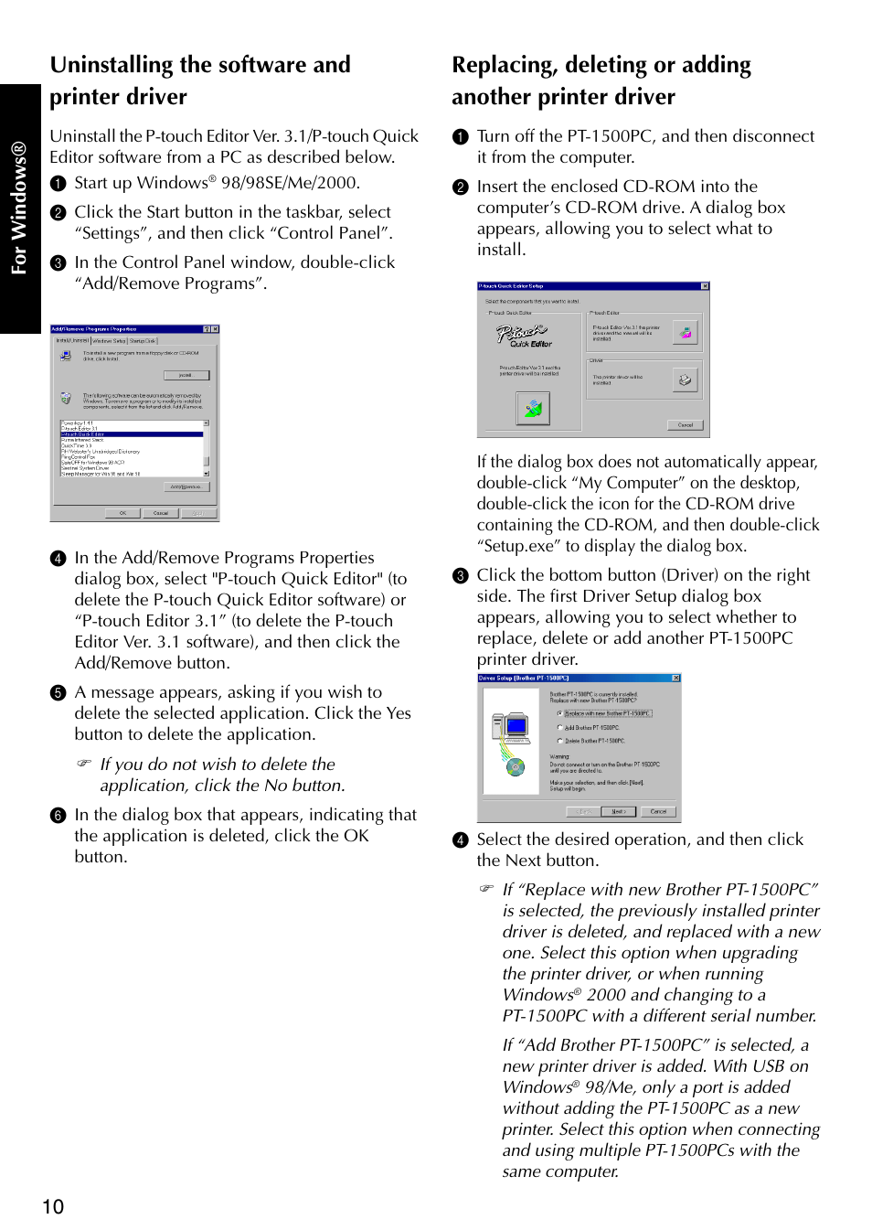 Uninstalling the software and printer driver | Brother P-TOUCH PT-1500PC User Manual | Page 12 / 55