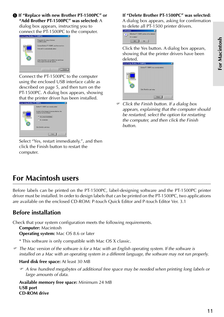 For macintosh users, Before installation | Brother P-TOUCH PT-1500PC User Manual | Page 13 / 55