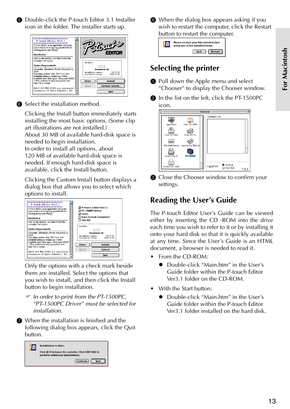 Selecting the printer, Reading the user ’s guide, Selecting the driver reading the user’s guide | Reading the user’s guide | Brother P-TOUCH PT-1500PC User Manual | Page 15 / 55