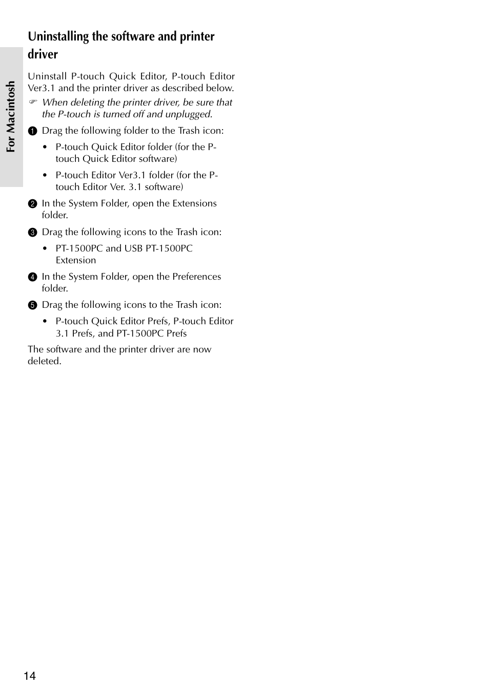 Uninstalling the software and printer driver | Brother P-TOUCH PT-1500PC User Manual | Page 16 / 55