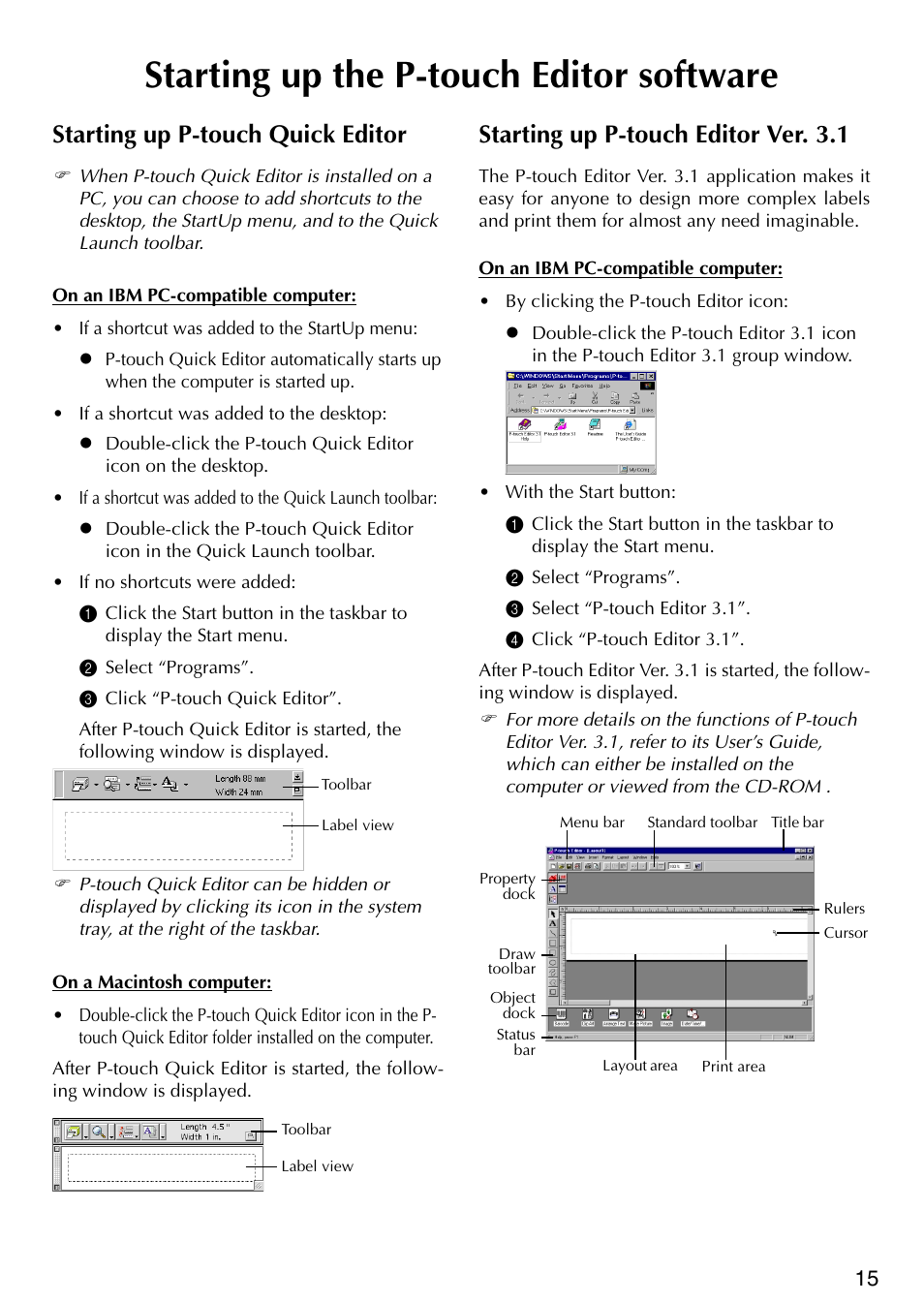 Starting up the p-touch editor software, Starting up p-touch quick editor, Starting up p-touch editor ver.3.1 | Starting up p-touch editor ver. 3.1 | Brother P-TOUCH PT-1500PC User Manual | Page 17 / 55