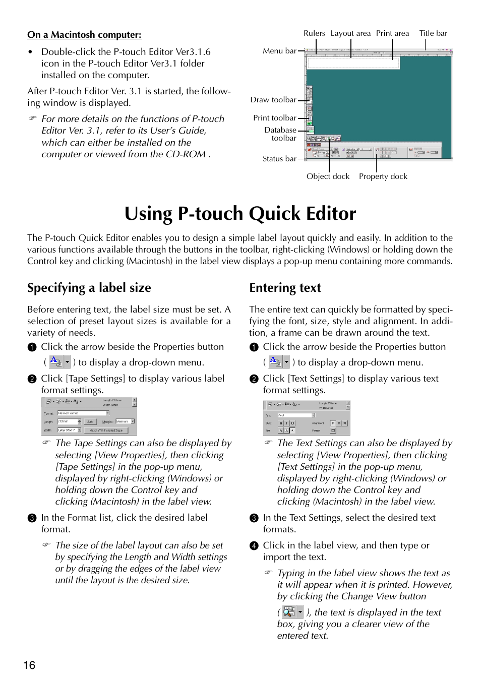 Using p-touch quick editor, Specifying a label size, Entering text | Specifying a label size entering text | Brother P-TOUCH PT-1500PC User Manual | Page 18 / 55