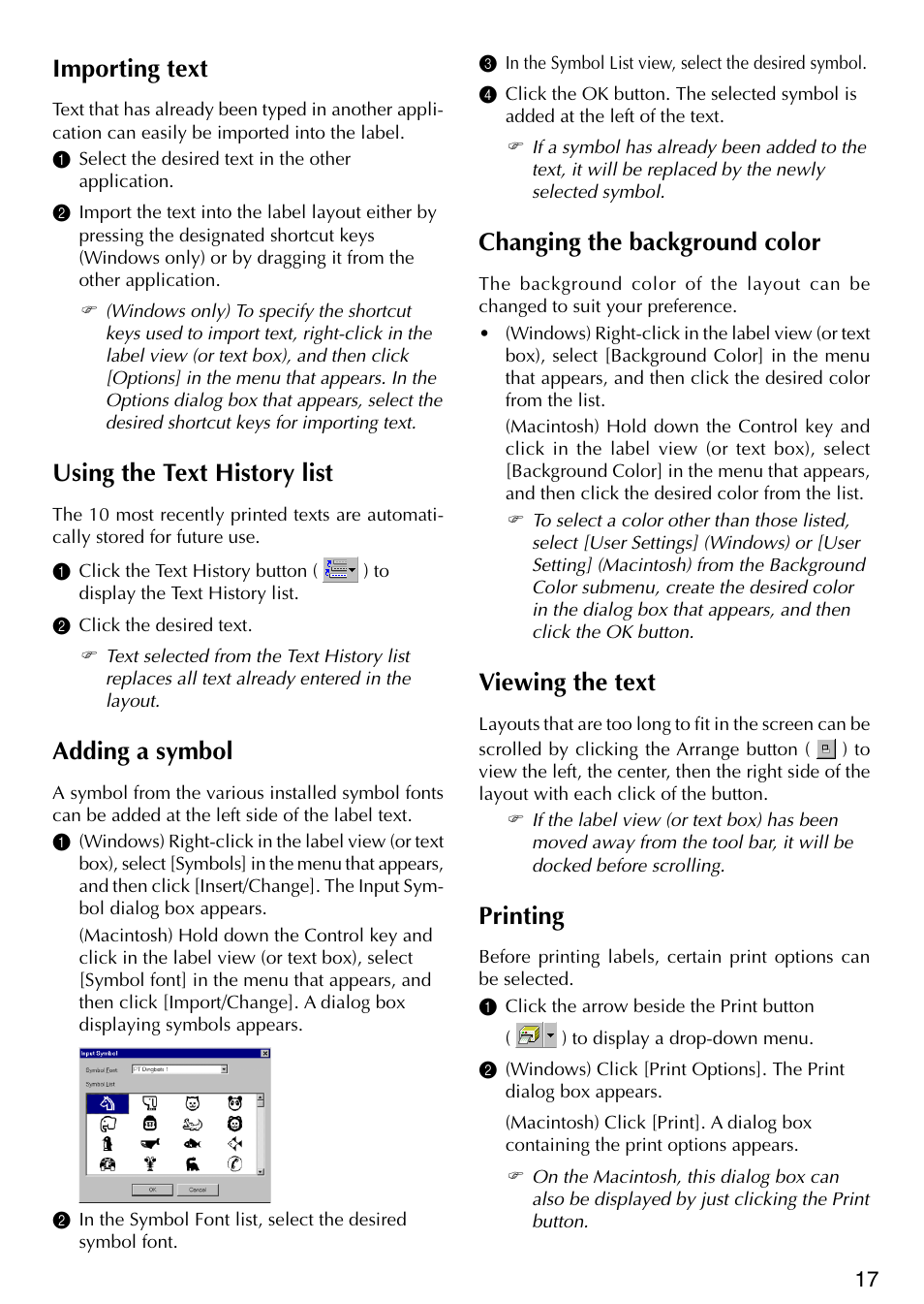 Importing text, Using the text history list, Adding a symbol | Changing the background color, Viewing the text, Printing | Brother P-TOUCH PT-1500PC User Manual | Page 19 / 55