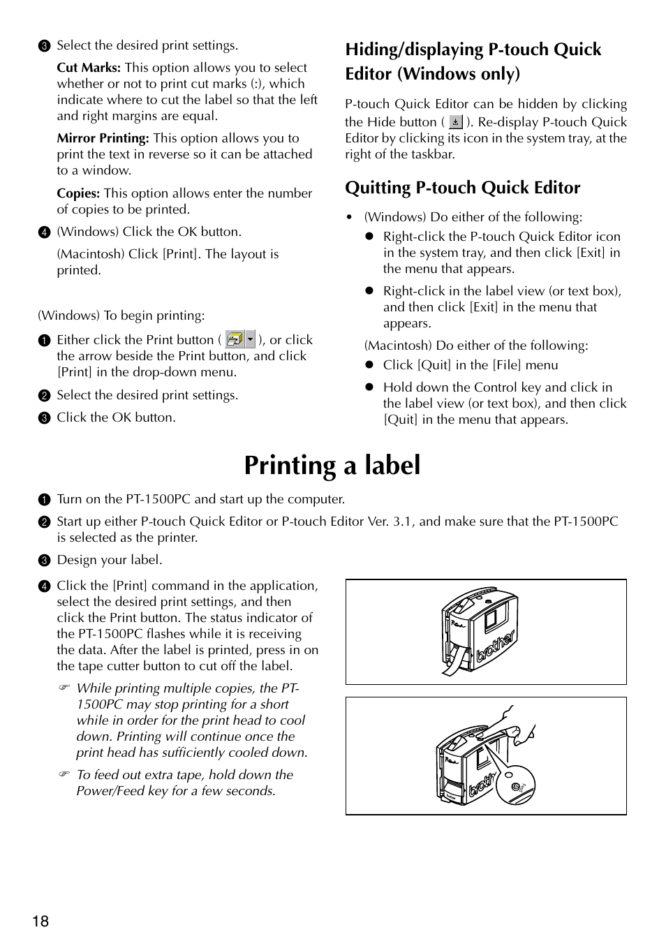Quitting p-touch quick editor, Printing a label | Brother P-TOUCH PT-1500PC User Manual | Page 20 / 55