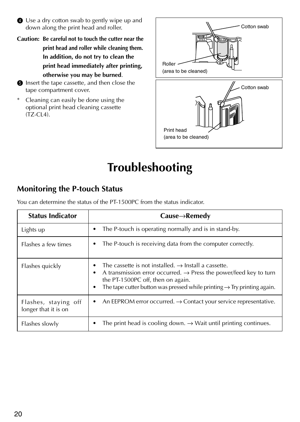 Troubleshooting, Monitoring the p-touch status | Brother P-TOUCH PT-1500PC User Manual | Page 22 / 55