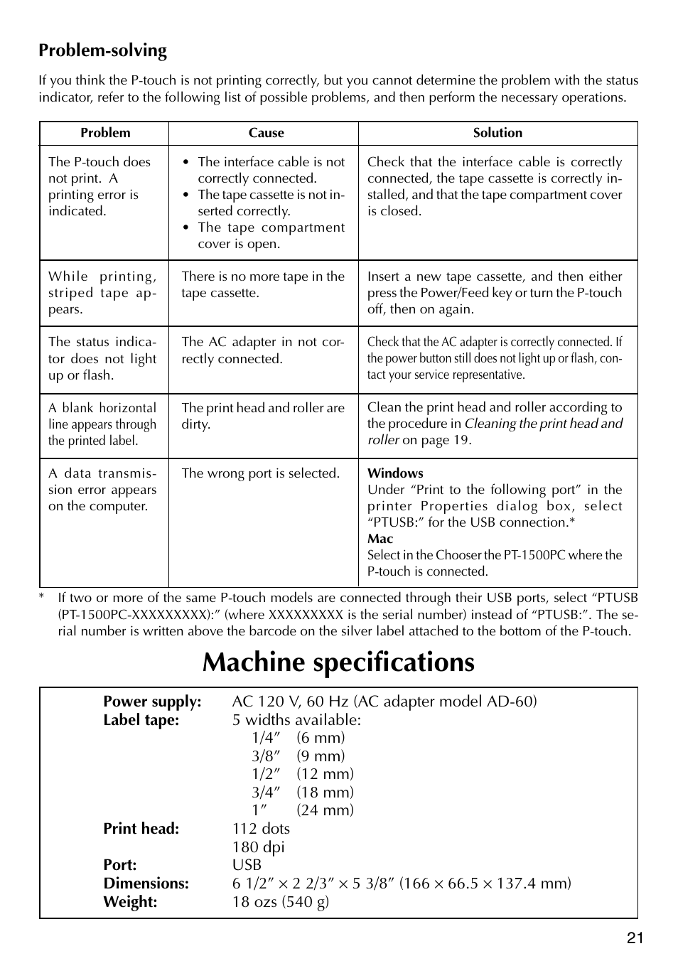 Problem-solving, Machine specifications | Brother P-TOUCH PT-1500PC User Manual | Page 23 / 55