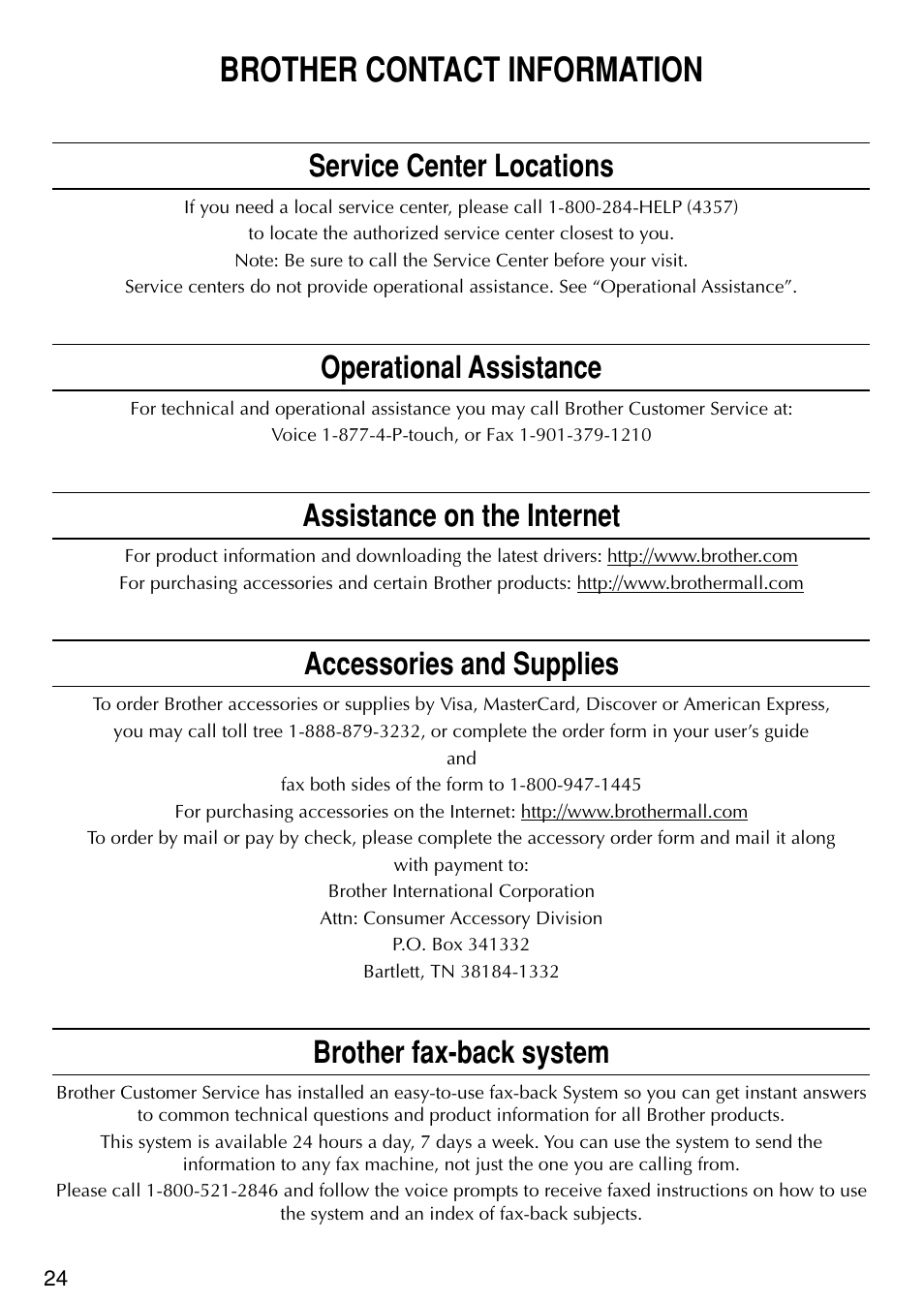 Brother contact information, Service center locations, Operational assistance | Assistance on the internet, Accessories and supplies, Brother fax-back system | Brother P-TOUCH PT-1500PC User Manual | Page 26 / 55