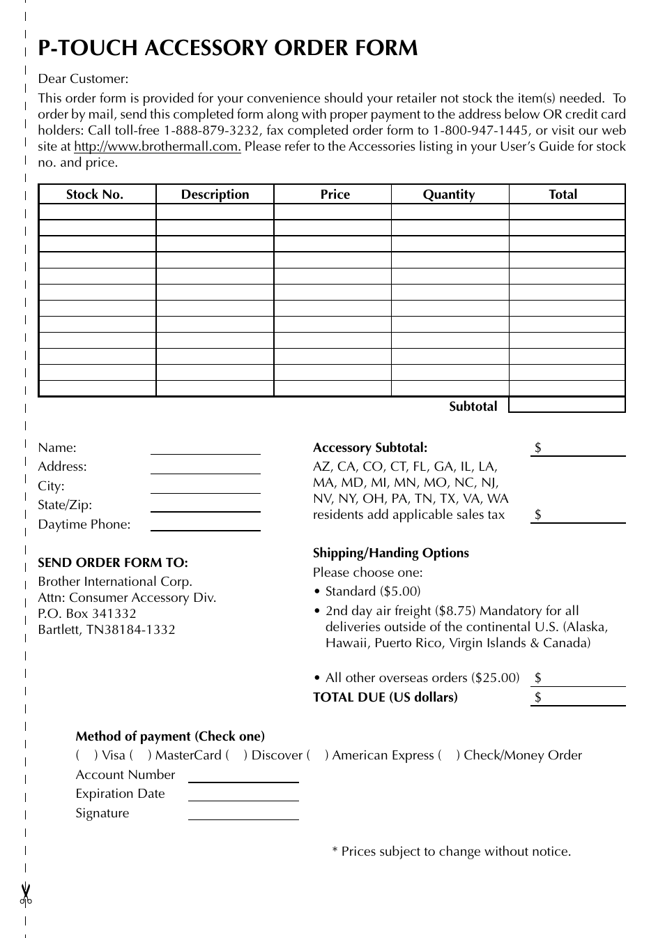 P-touch accessory order form | Brother P-TOUCH PT-1500PC User Manual | Page 27 / 55