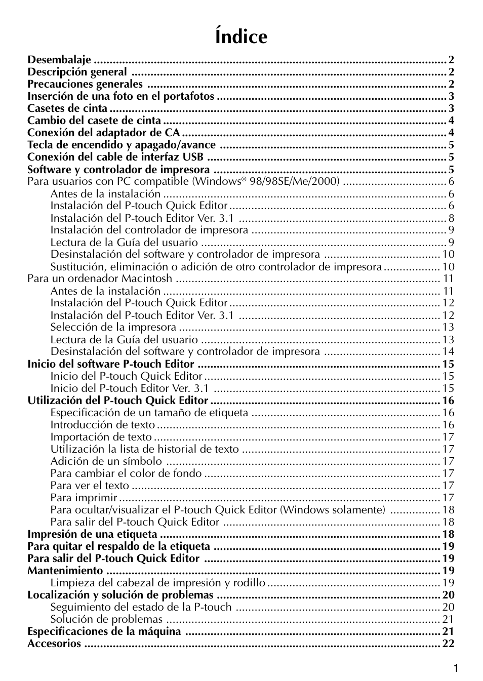 Í ndice, Índice | Brother P-TOUCH PT-1500PC User Manual | Page 31 / 55