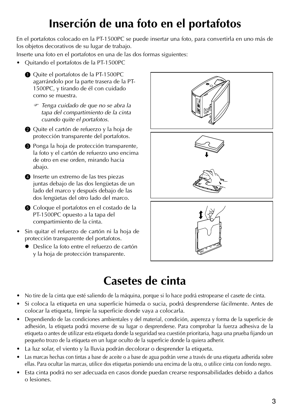 Inserci ó n de una foto en el portafotos, Casetes de cinta, Inserción de una foto en el portafotos | Brother P-TOUCH PT-1500PC User Manual | Page 33 / 55