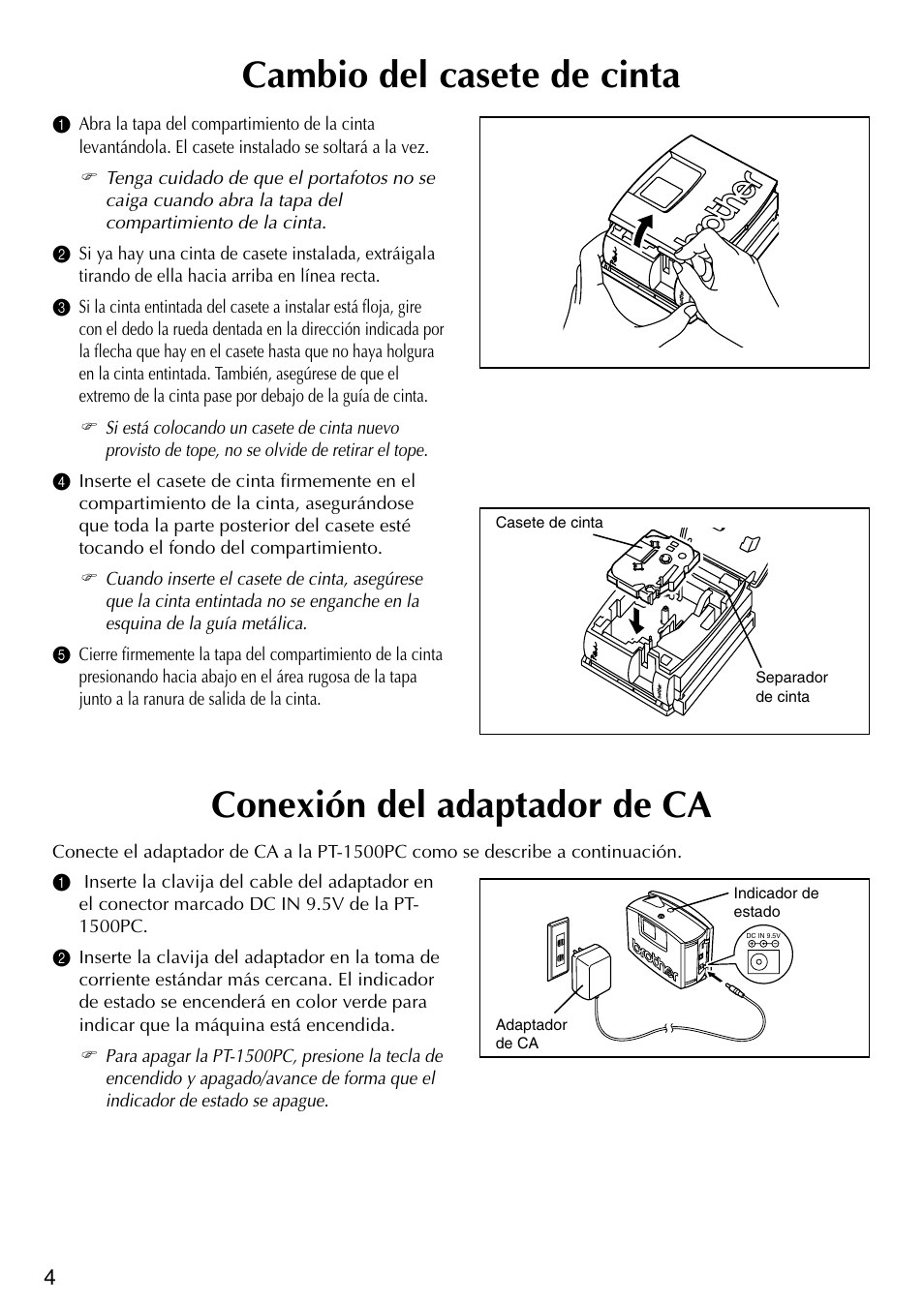 Cambio del casete de cinta, Conexi ó n del adaptador de ca, Conexión del adaptador de ca | Brother P-TOUCH PT-1500PC User Manual | Page 34 / 55