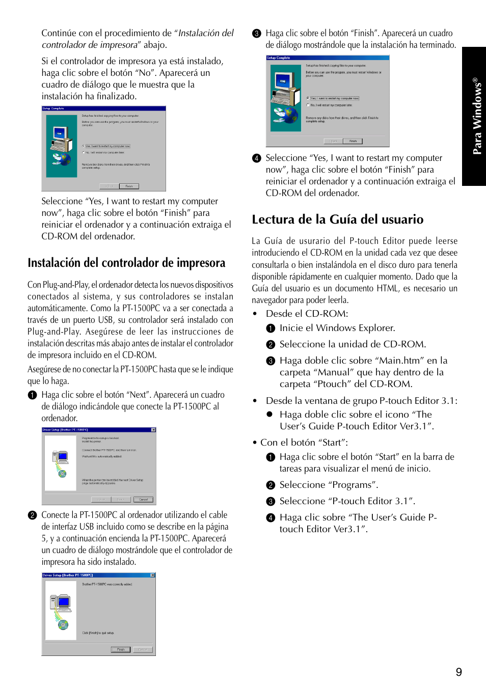 Instalaci ó n del controlador de impresora, Lectura de la gu í a del usuario, Instalación del controlador de impresora | Lectura de la guía del usuario | Brother P-TOUCH PT-1500PC User Manual | Page 39 / 55