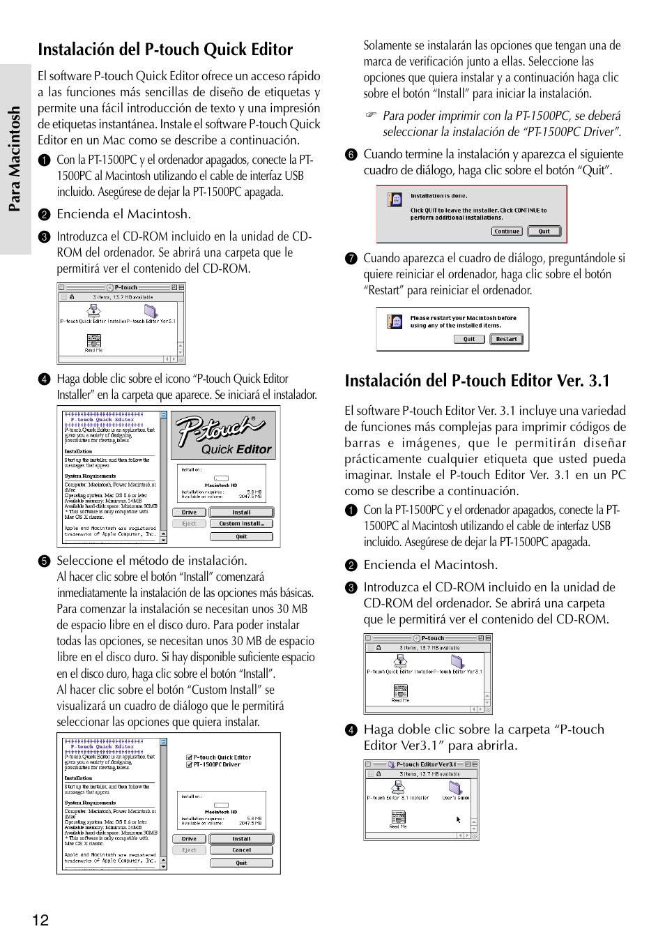 Instalaci ó n del p-touch quick editor, Instalaci ó n del p-touch editor ver.3.1, Instalación del p-touch quick editor | Instalación del p-touch editor ver. 3.1 | Brother P-TOUCH PT-1500PC User Manual | Page 42 / 55