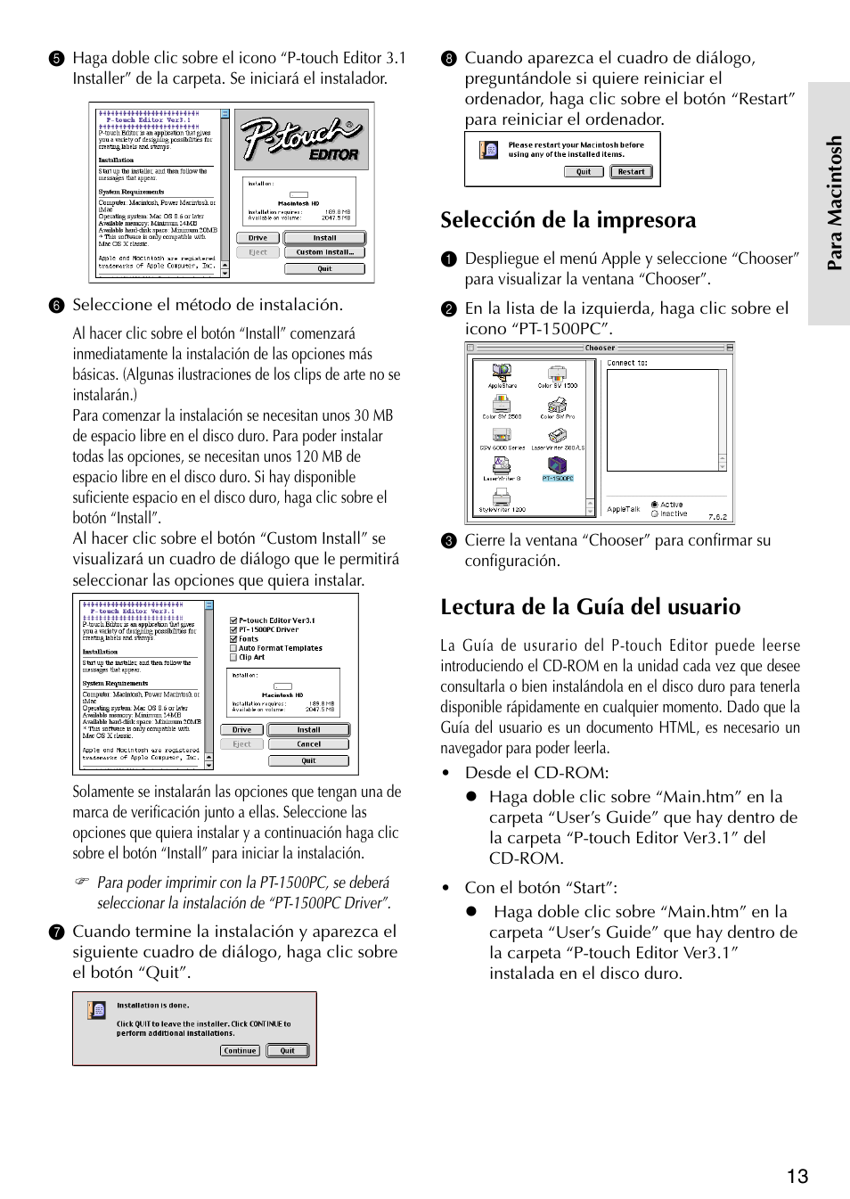 Selecci ó n de la impresora, Lectura de la gu í a del usuario, Selección de la impresora | Lectura de la guía del usuario | Brother P-TOUCH PT-1500PC User Manual | Page 43 / 55