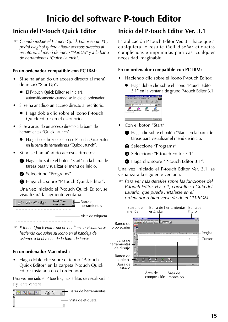 Inicio del software p-touch editor, Inicio del p-touch quick editor, Inicio del p-touch editor ver.3.1 | Inicio del p-touch editor ver. 3.1 | Brother P-TOUCH PT-1500PC User Manual | Page 45 / 55