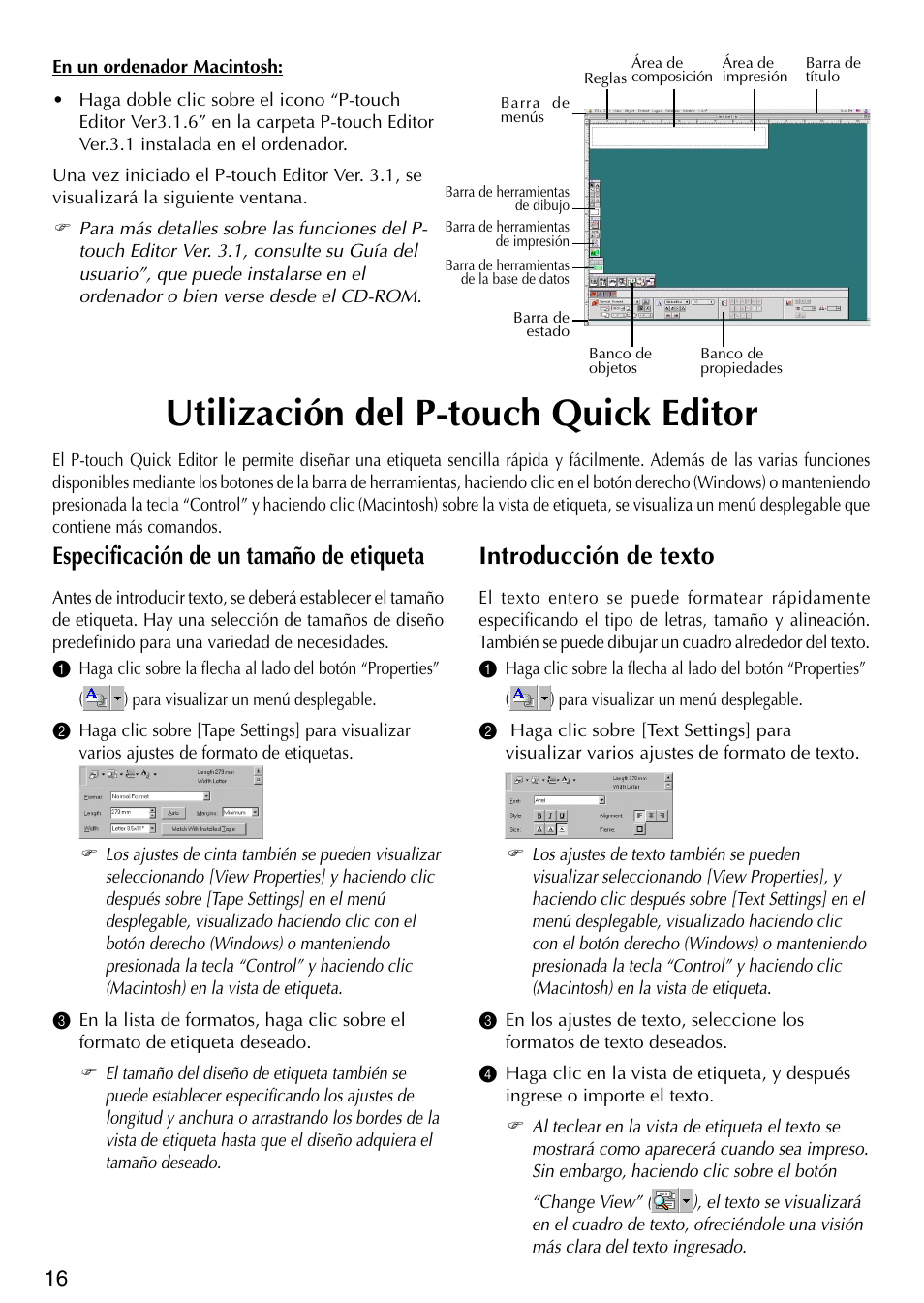 Utilizaci ó n del p-touch quick editor, Especificaci ó n de un tama ñ o de etiqueta, Introducci ó n de texto | Utilización del p-touch quick editor, Especificación de un tamaño de etiqueta, Introducción de texto | Brother P-TOUCH PT-1500PC User Manual | Page 46 / 55