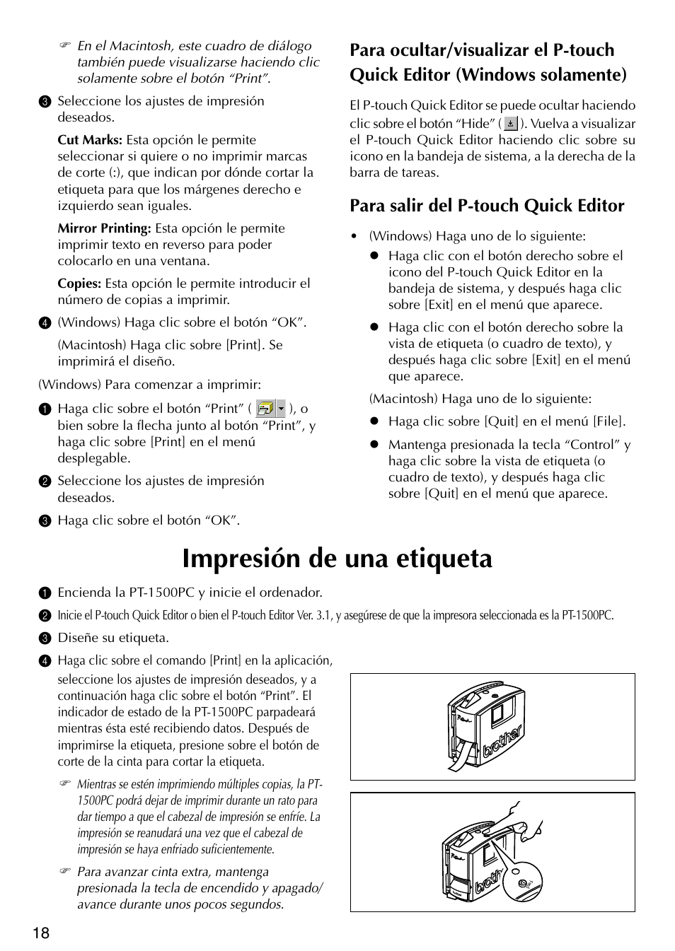 Para salir del p-touch quick editor, Impresi ó n de una etiqueta, Impresión de una etiqueta | Brother P-TOUCH PT-1500PC User Manual | Page 48 / 55