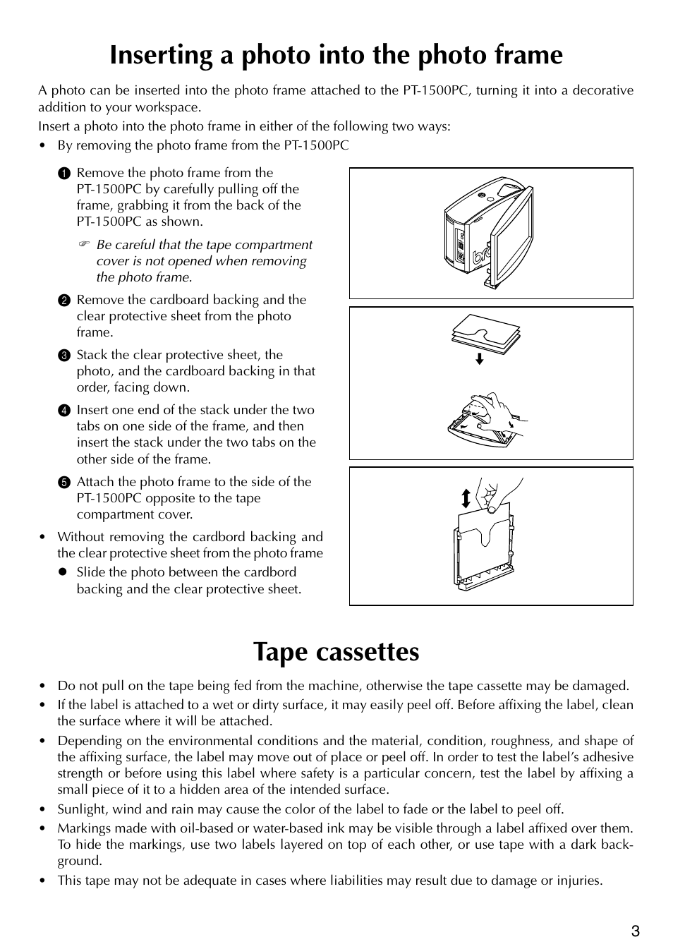 Inserting a photo into the photo frame, Tape cassettes | Brother P-TOUCH PT-1500PC User Manual | Page 5 / 55