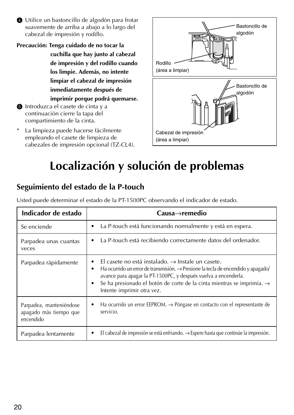 Localizaci ó n y soluci ó n de problemas, Seguimiento del estado de la p-touch, Localización y solución de problemas | Brother P-TOUCH PT-1500PC User Manual | Page 50 / 55