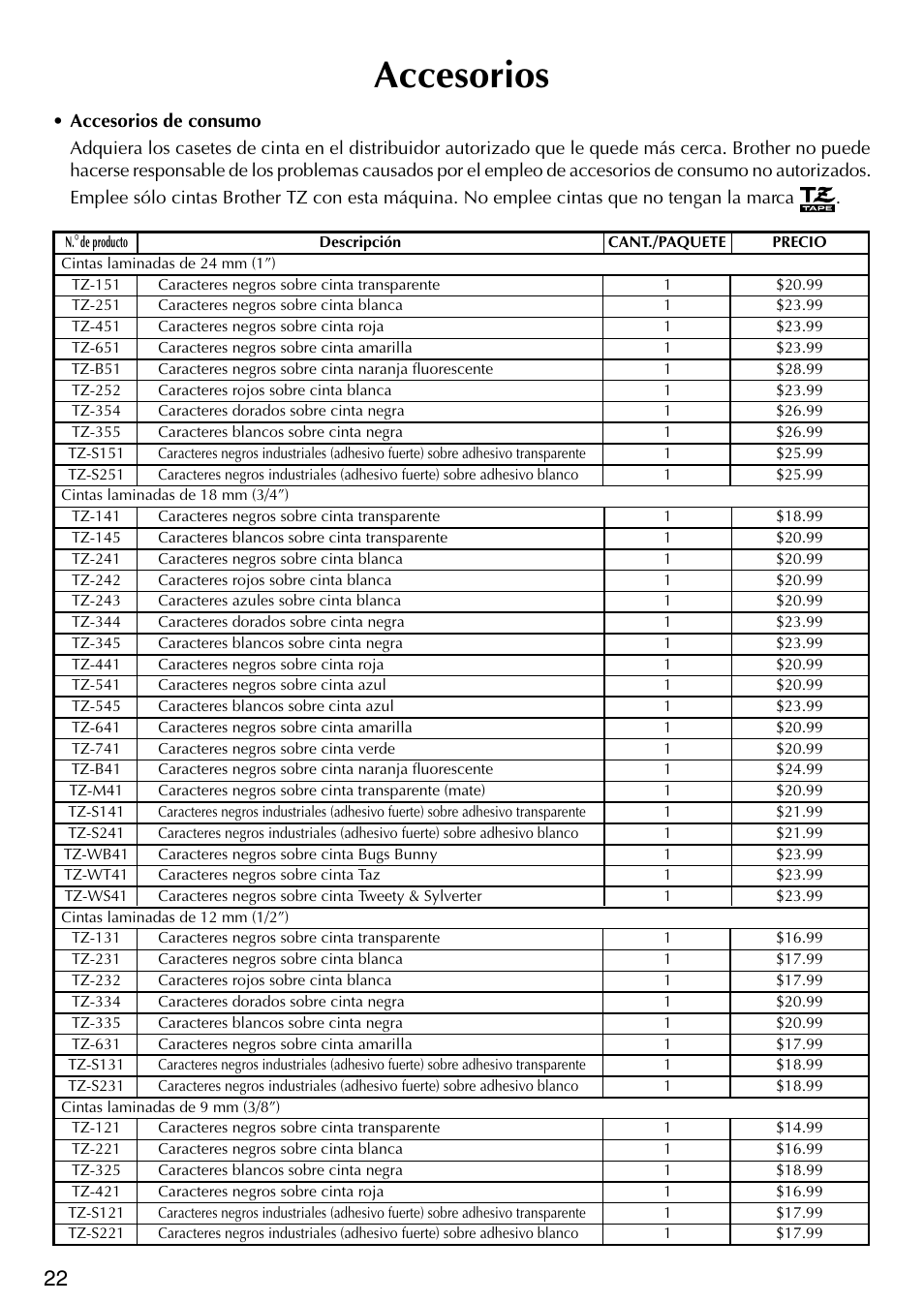 Accesorios | Brother P-TOUCH PT-1500PC User Manual | Page 52 / 55