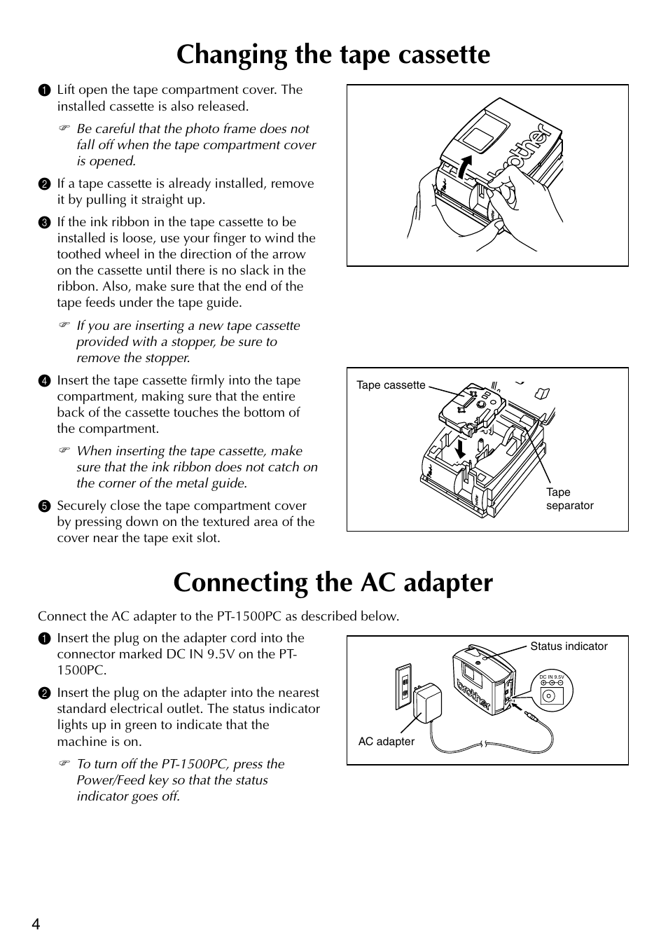 Changing the tape cassette, Connecting the ac adapter | Brother P-TOUCH PT-1500PC User Manual | Page 6 / 55