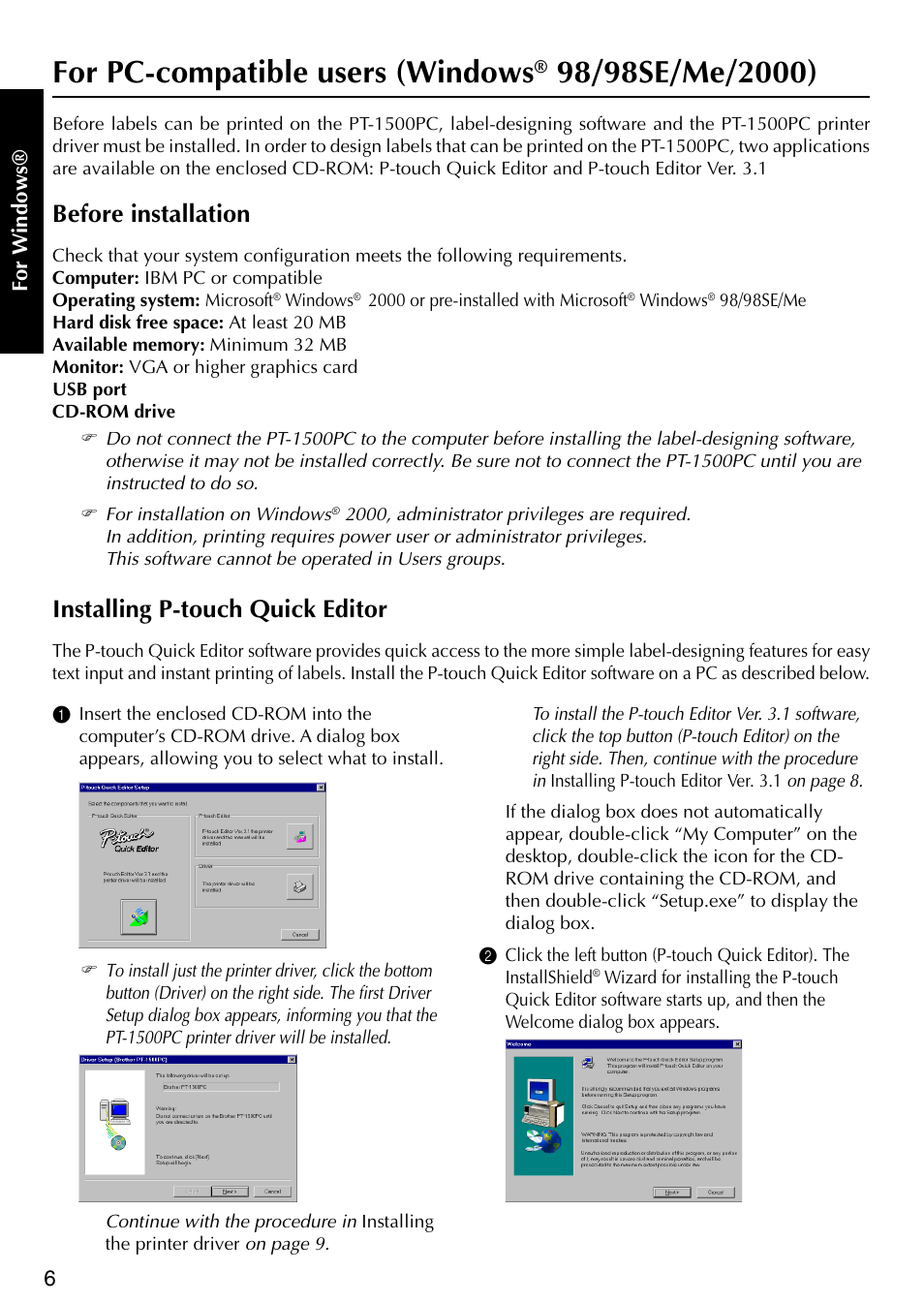 Before installation, Installing p-touch quick editor, For pc-compatible users (windows | 98/98se/me/2000) | Brother P-TOUCH PT-1500PC User Manual | Page 8 / 55