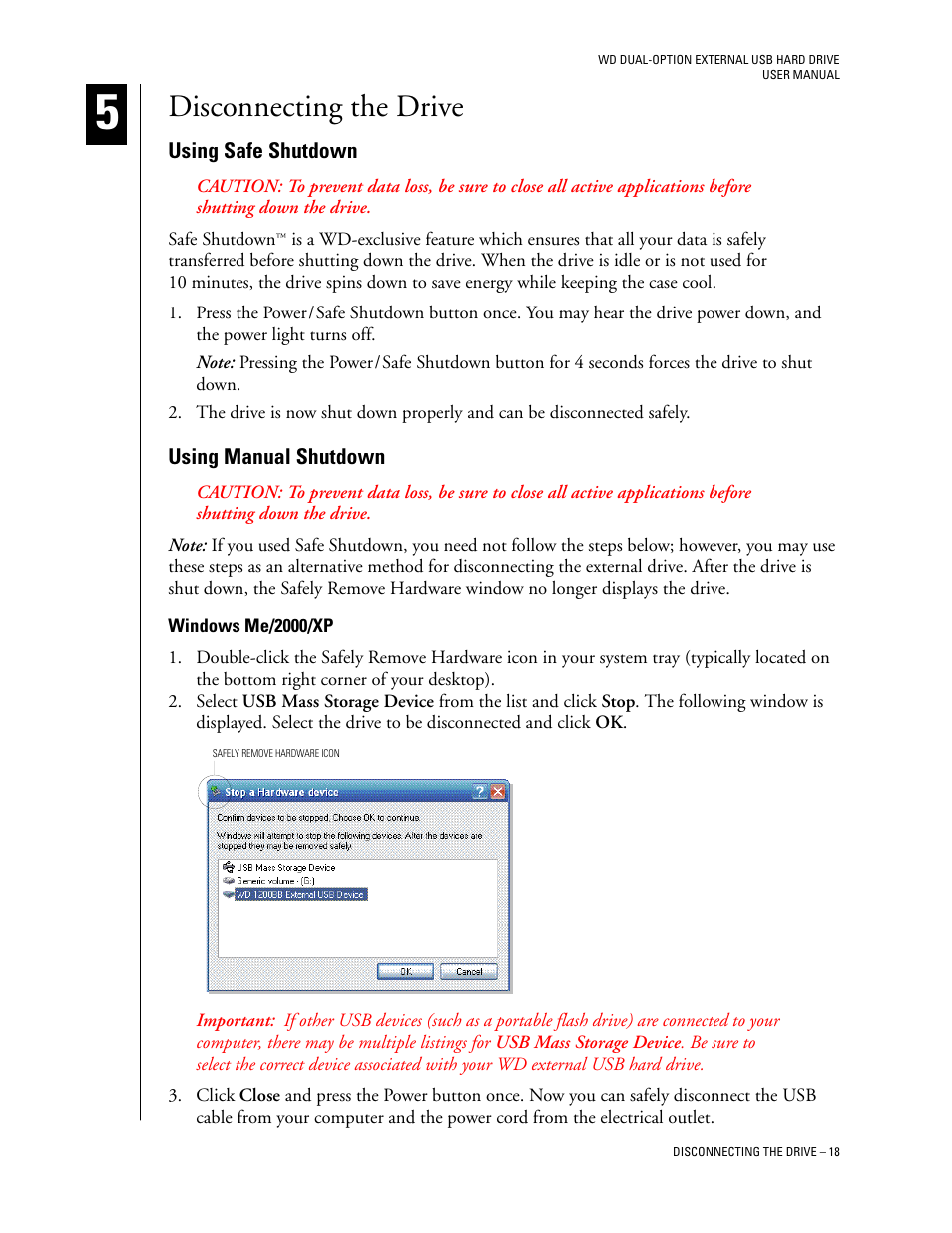 Disconnecting the drive, Using safe shutdown, Using manual shutdown | Windows me/2000/xp | Western Digital WD Dual-Option USB External Drive User Manual User Manual | Page 22 / 30