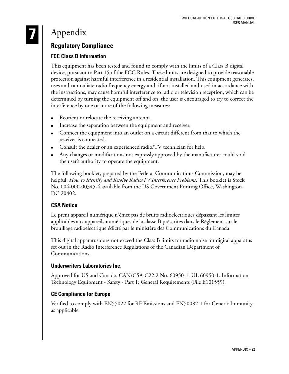 Appendix, Regulatory compliance, Fcc class b information | Csa notice, Underwriters laboratories inc, Ce compliance for europe | Western Digital WD Dual-Option USB External Drive User Manual User Manual | Page 26 / 30