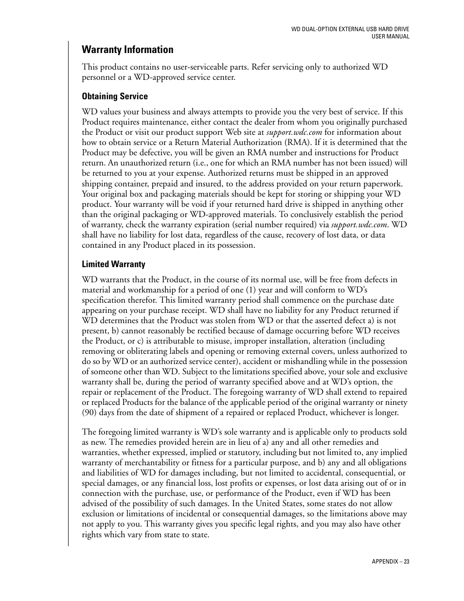 Warranty information, Obtaining service, Limited warranty | Western Digital WD Dual-Option USB External Drive User Manual User Manual | Page 27 / 30