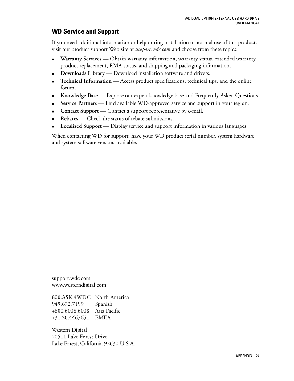 Wd service and support | Western Digital WD Dual-Option USB External Drive User Manual User Manual | Page 28 / 30