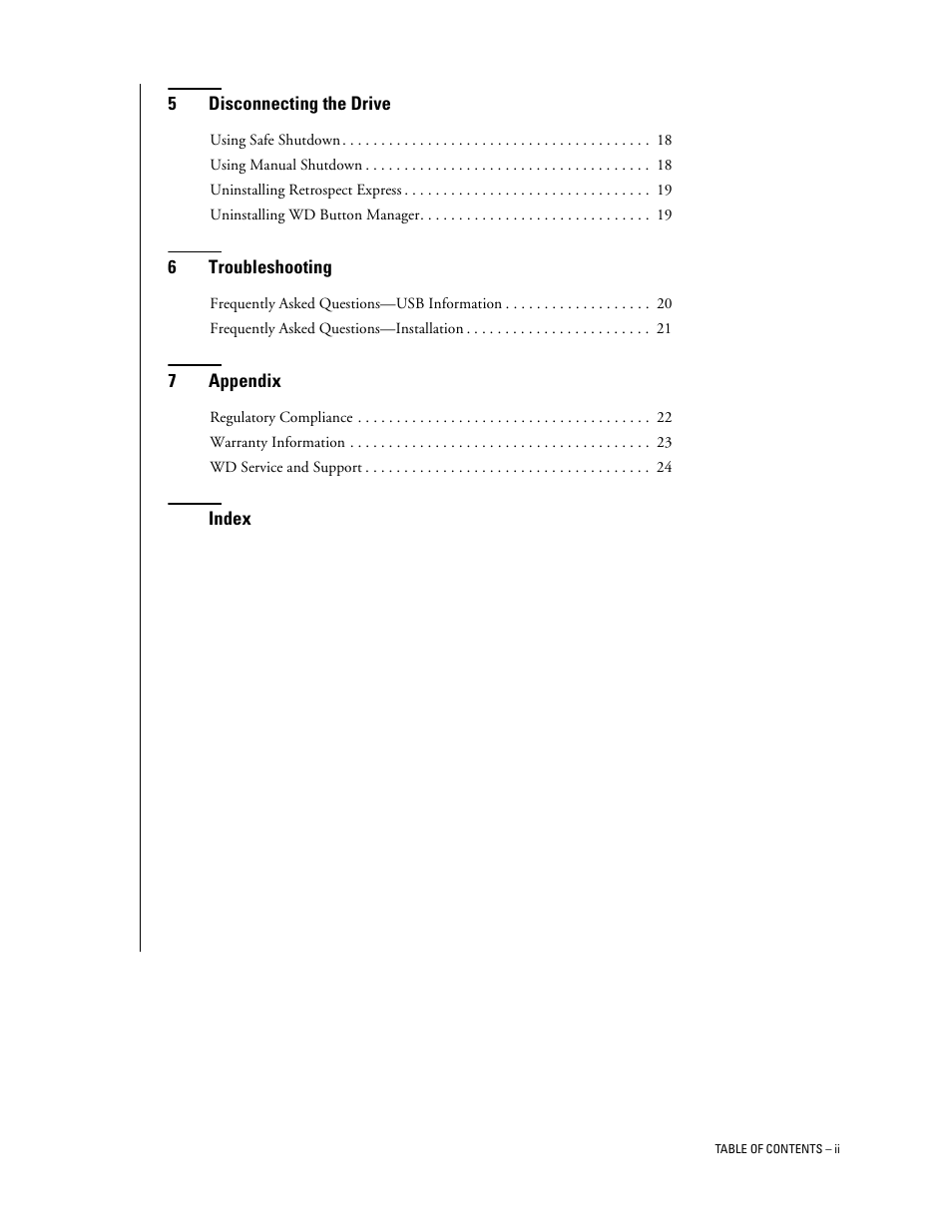 5 disconnecting the drive, 6 troubleshooting, 7 appendix | Western Digital WD Dual-Option USB External Drive User Manual User Manual | Page 4 / 30