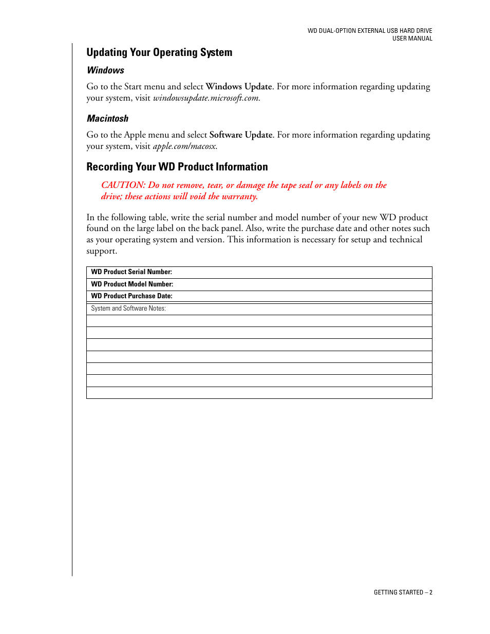 Updating your operating system, Recording your wd product information | Western Digital WD Dual-Option USB External Drive User Manual User Manual | Page 6 / 30