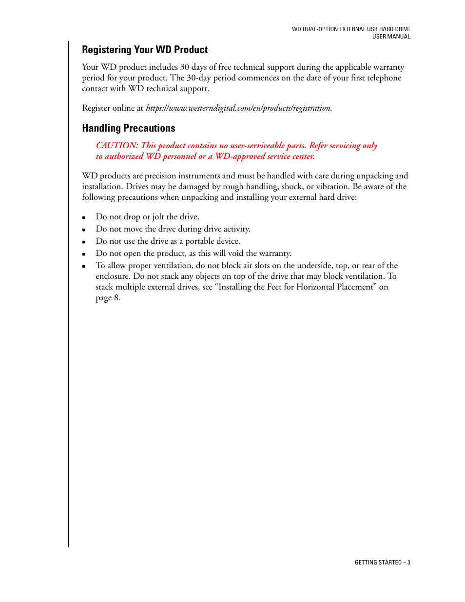 Registering your wd product, Handling precautions | Western Digital WD Dual-Option USB External Drive User Manual User Manual | Page 7 / 30