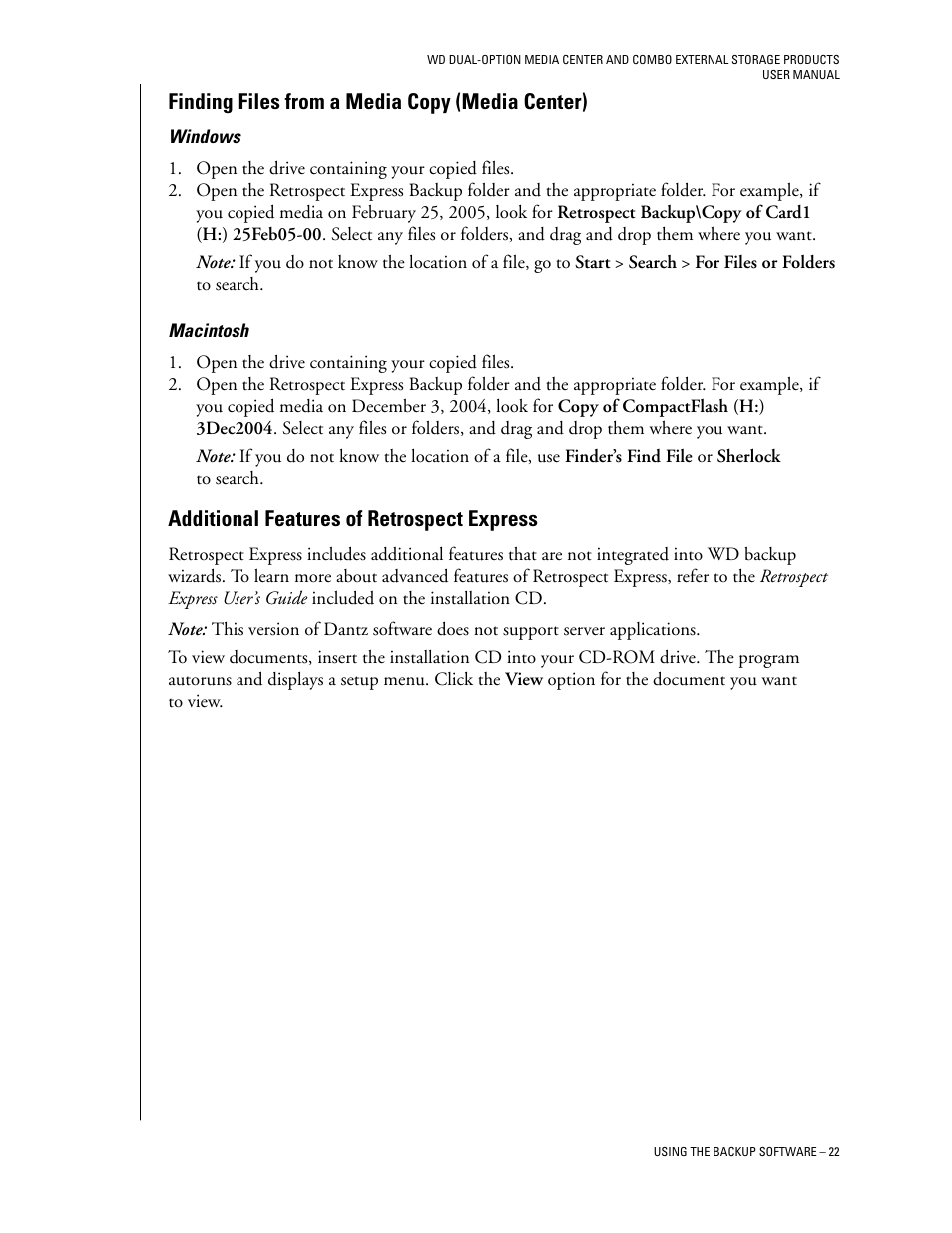 Finding files from a media copy (media center), Windows, Macintosh | Additional features of retrospect express | Western Digital WD Dual-Option Media Center User Manual User Manual | Page 26 / 35