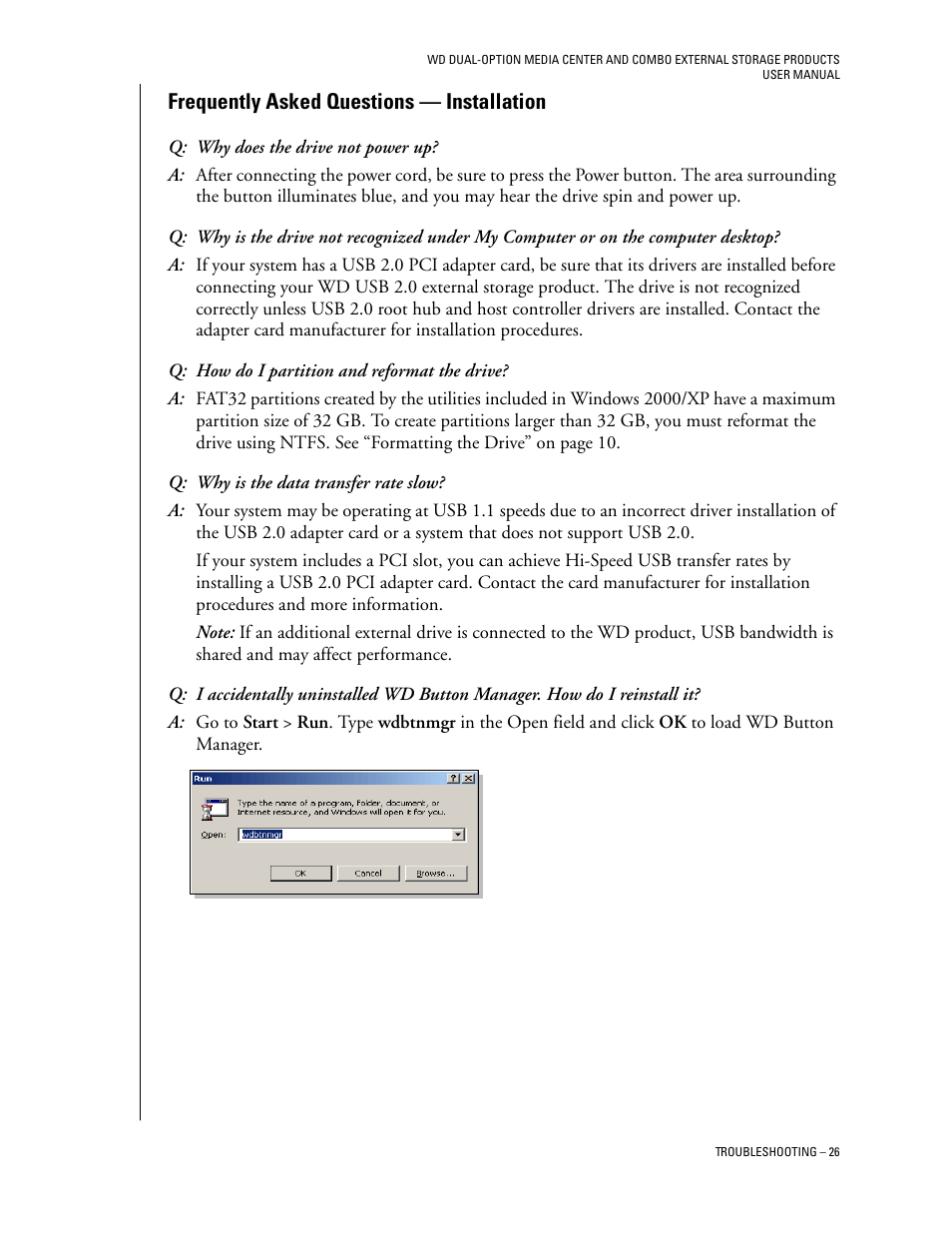 Frequently asked questions - installation, Frequently asked questions — installation | Western Digital WD Dual-Option Media Center User Manual User Manual | Page 30 / 35