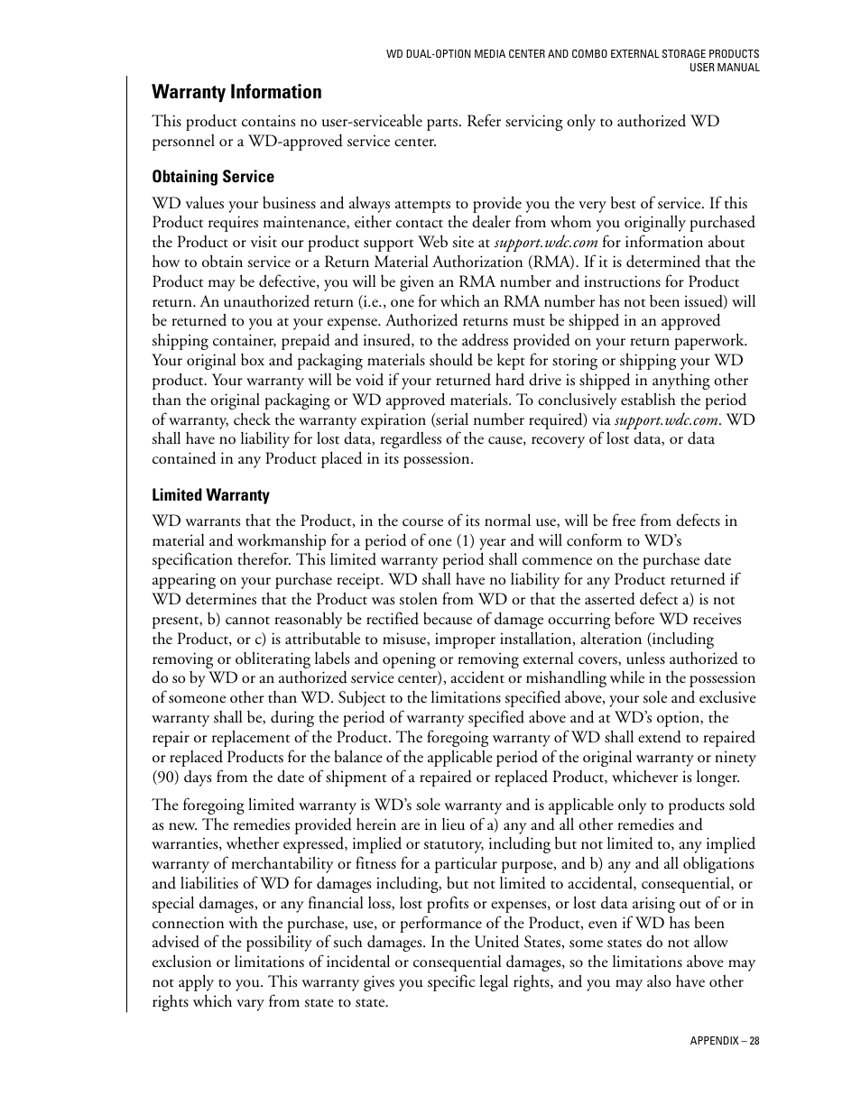 Warranty information, Obtaining service, Limited warranty | Western Digital WD Dual-Option Media Center User Manual User Manual | Page 32 / 35